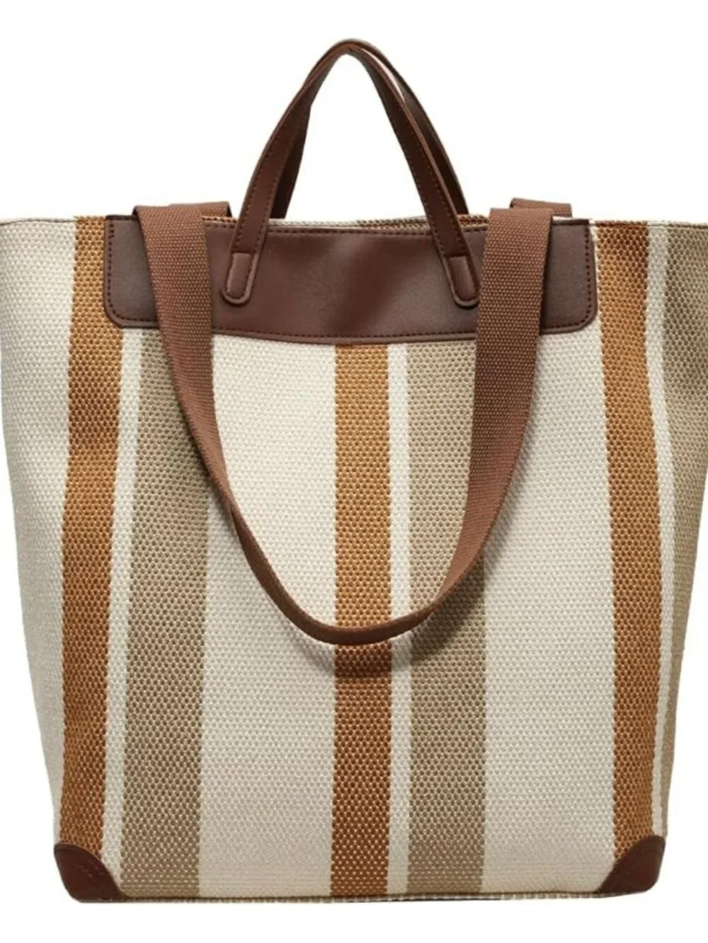 Large Beige Brown Stripe Canvas Tote Laptop Shoulder Bag Faux Leather Handles